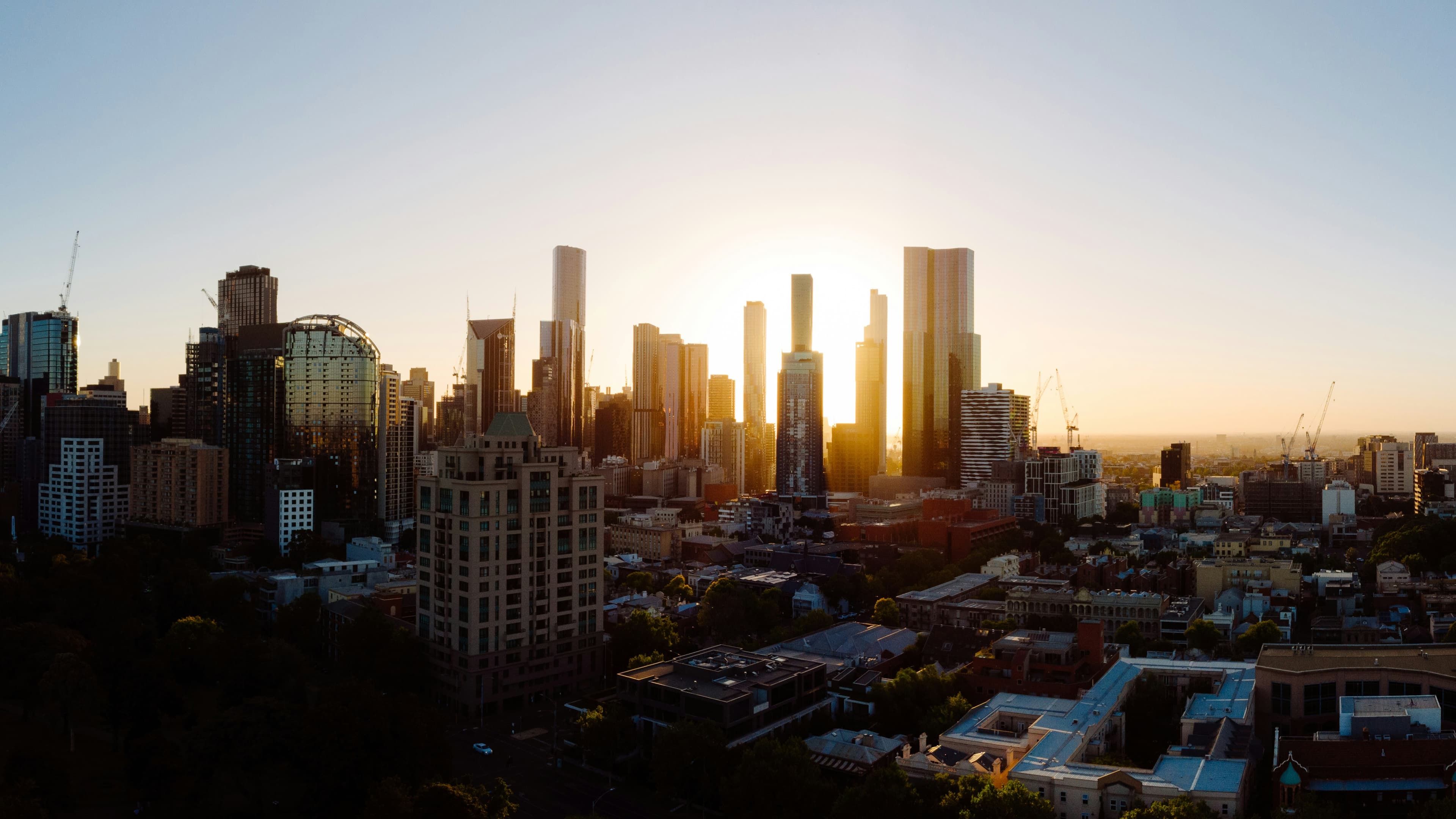 Melbourne city skyline at sunset